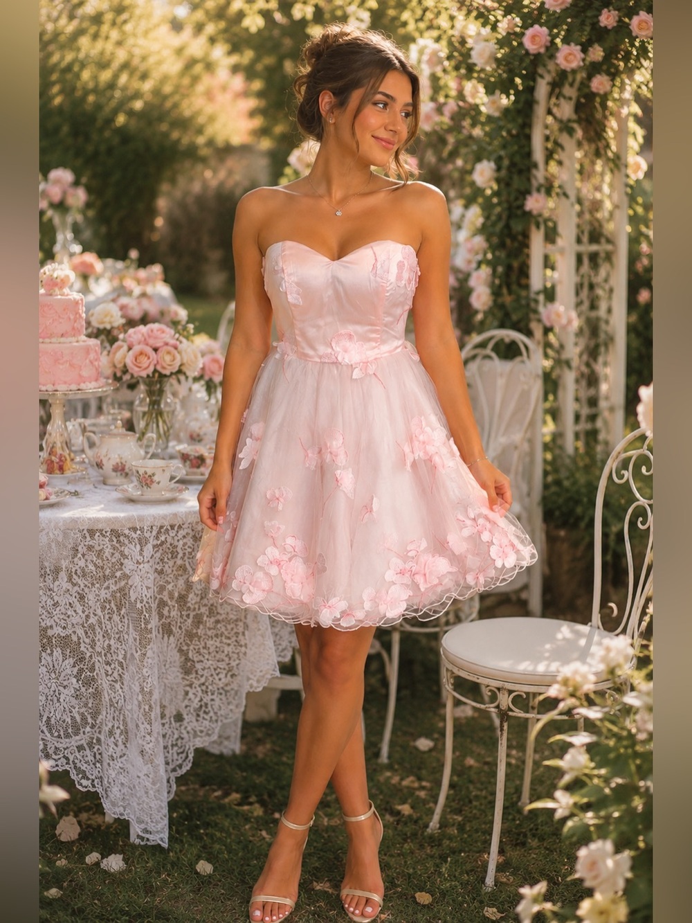 NEW Chi Chi London Pink Floral Appliqué Fairycore Strapless Tulle Dress